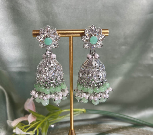 Medium Mint Crystal Indian Jhumka Earrings/Jhumkis/ Fashion Jewellery/ Gift for Women/Indian/Antique Gold Earrings/Valentines gifts