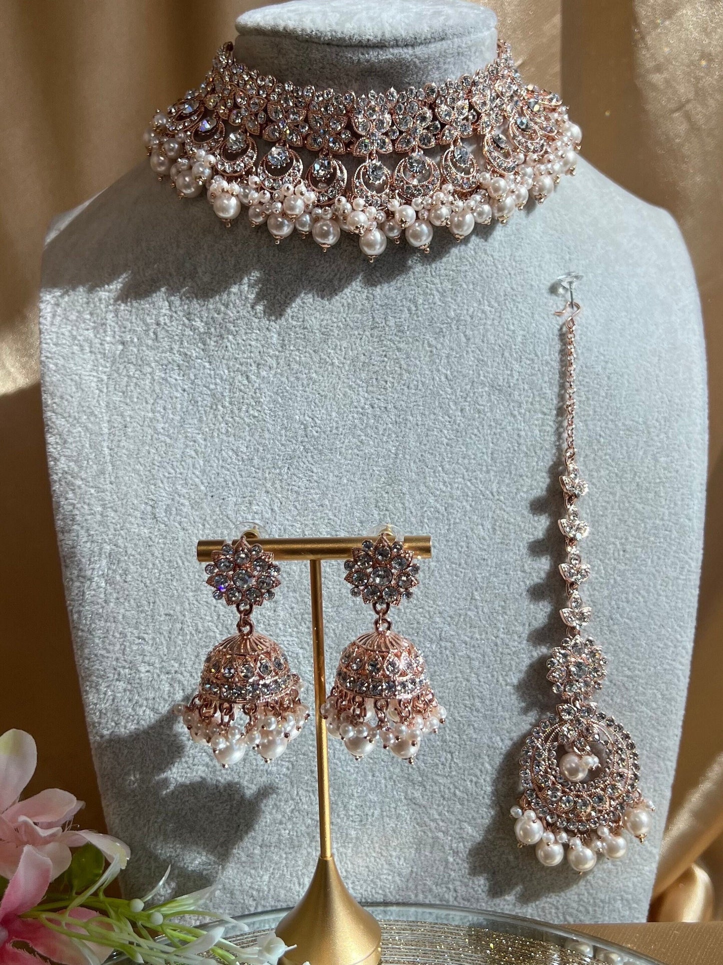 Rose Gold Choker Set /Light pink/Earring and Tikka/Indian/ Pakistani/Fashion Jewellery/