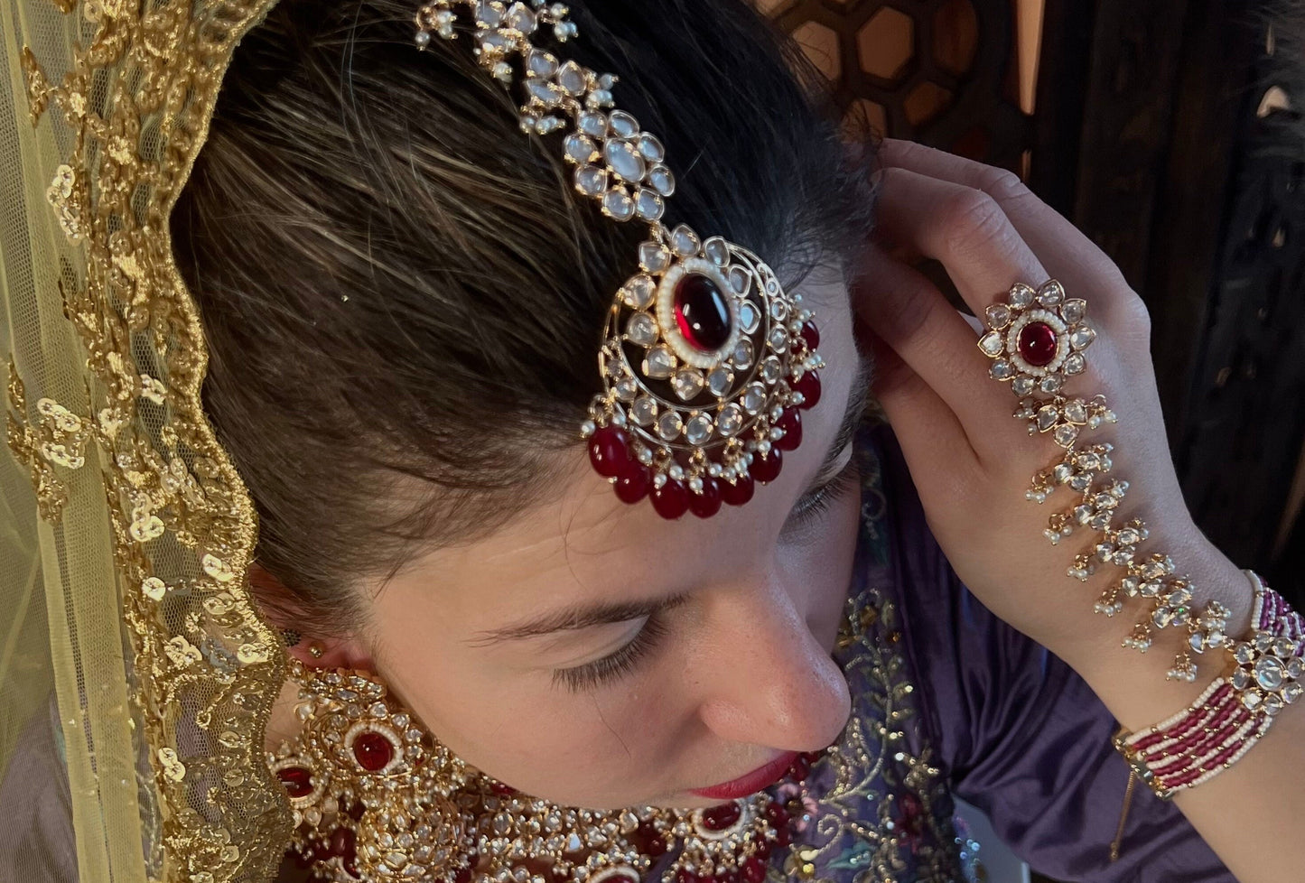 Ruby/ Maroon Full Kundan Gold Plated Style: Bridal Set/ Indian/Pakistani Style/ Choker/ Jhumka Earring/ Tikka/ Sheeshphool/ Hand Harness.