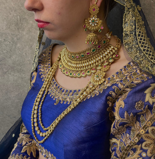 Temple Design Matte Ruby & Green Bridal Jewellery Set/ Indian/ Pakistani Style/ Choker/ Earring/ Tikka