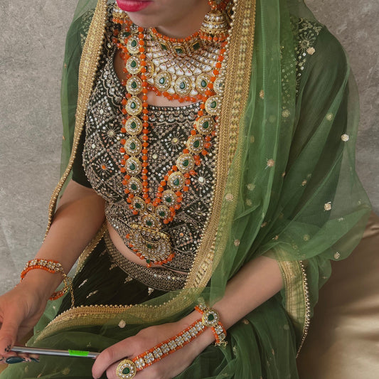 Faux Kundan Mendhi Colour Bridal Set/ Full Bridal Set/ Indian/ Pakistani Style/Necklace/ Choker/ Earring/ Tikka/ Mathapatti/Mala/Jhumar