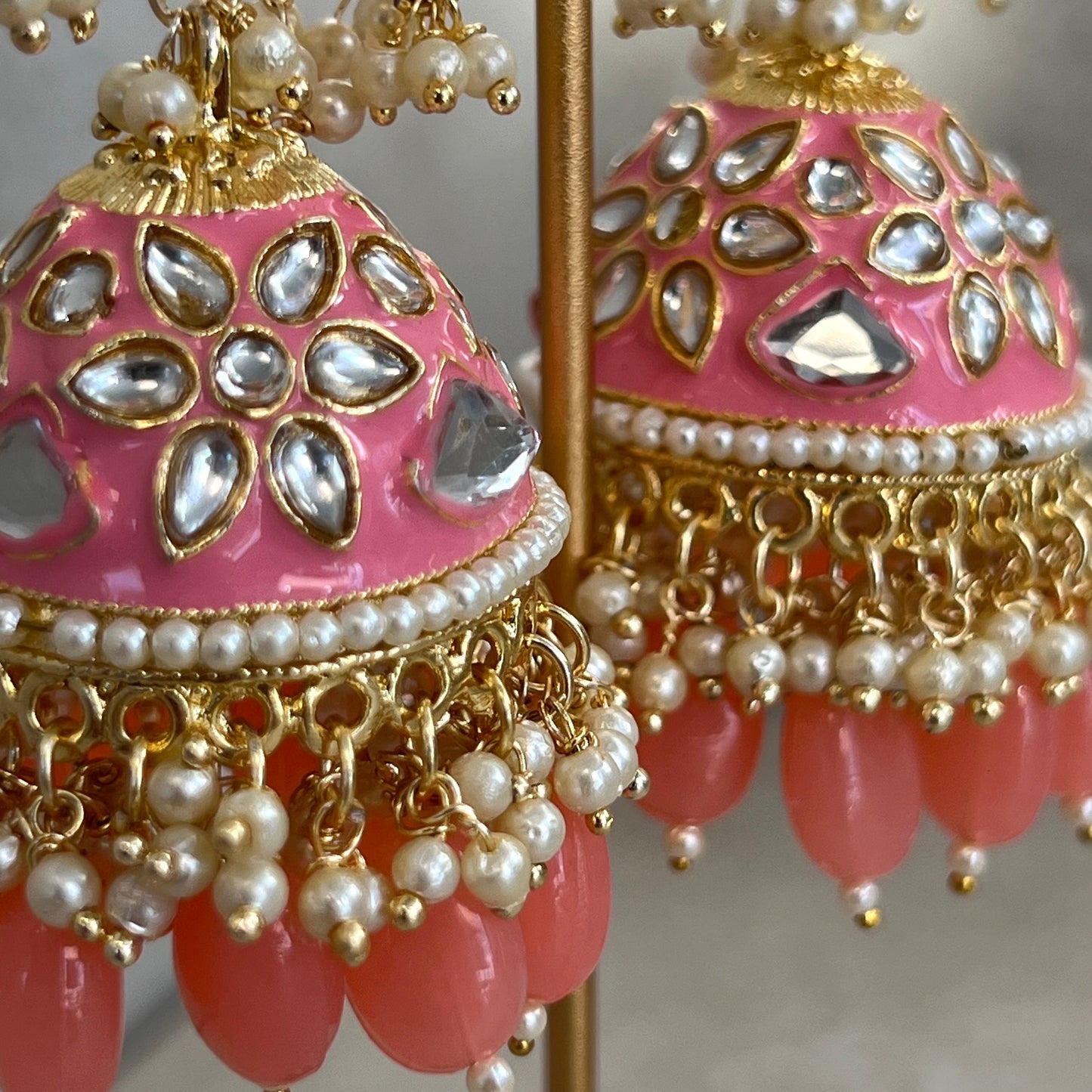 Pink/ Coral Jhumka Earring/ Meenakari/ Indian/ Pakistani Style/ Hand Painted/ Gift for women/Faux Kundan