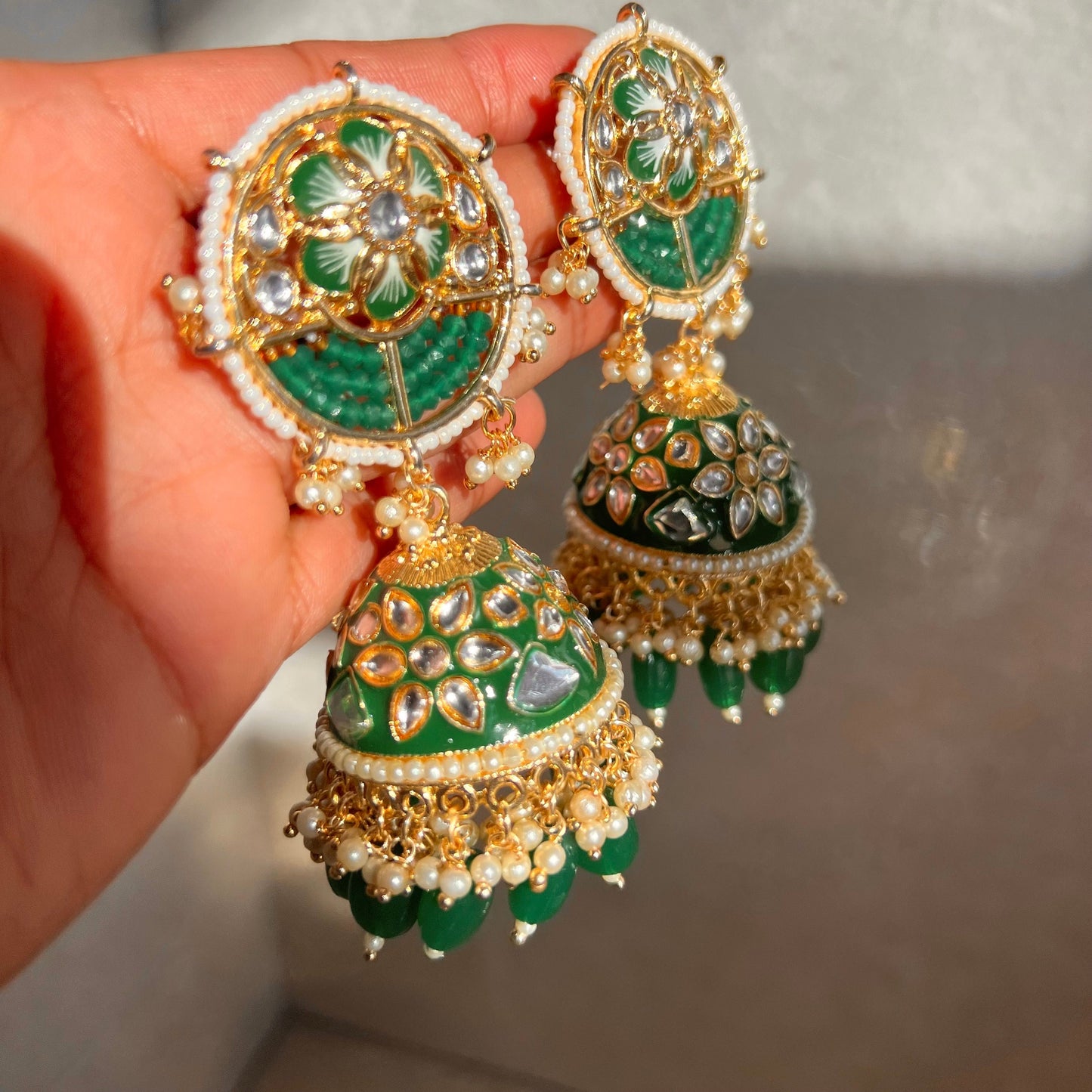 Green Jhumka Earring/ Meenakari/ Indian/ Pakistani Style/ Hand Painted/ Gift for women/Faux Kundan