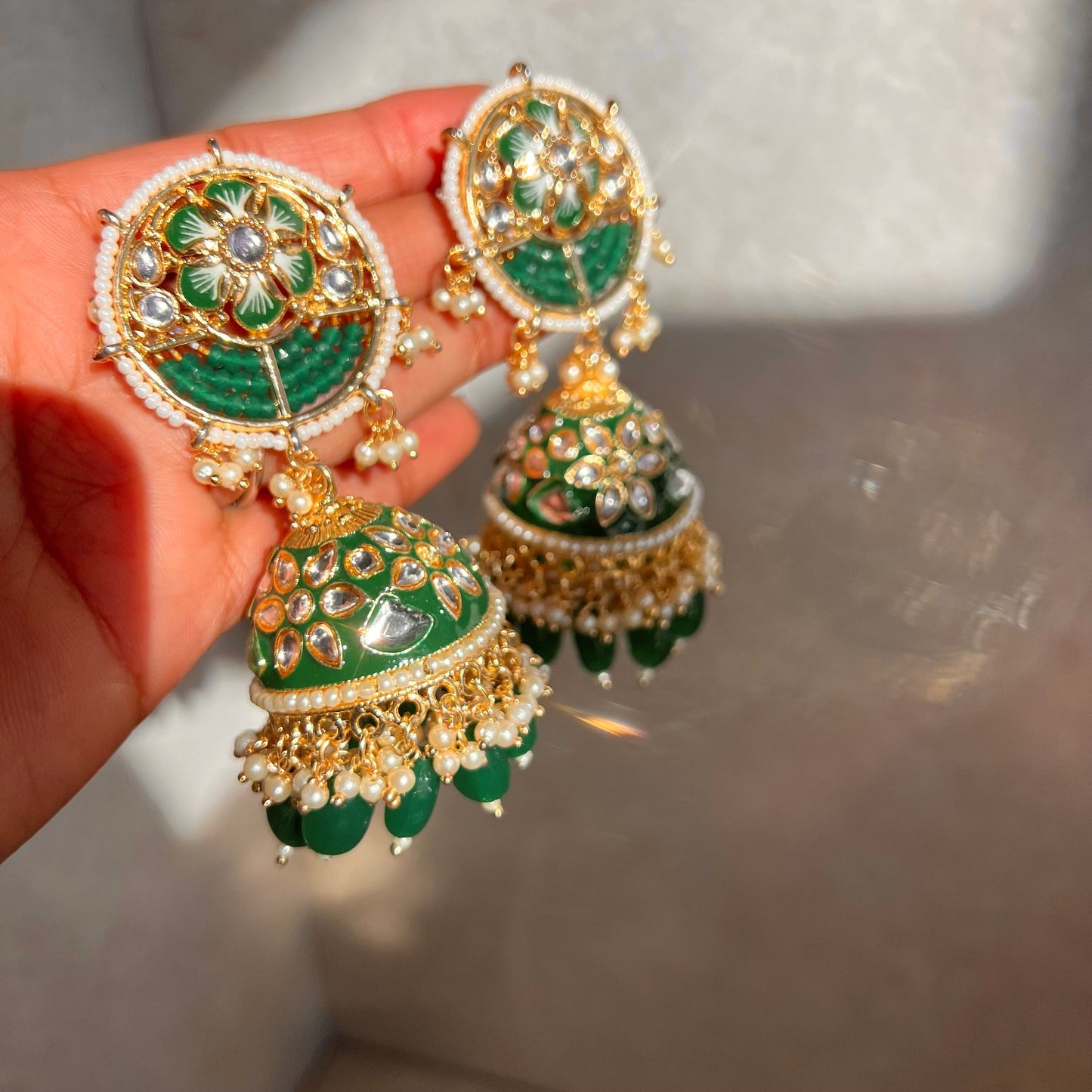 Green Jhumka Earring/ Meenakari/ Indian/ Pakistani Style/ Hand Painted/ Gift for women/Faux Kundan
