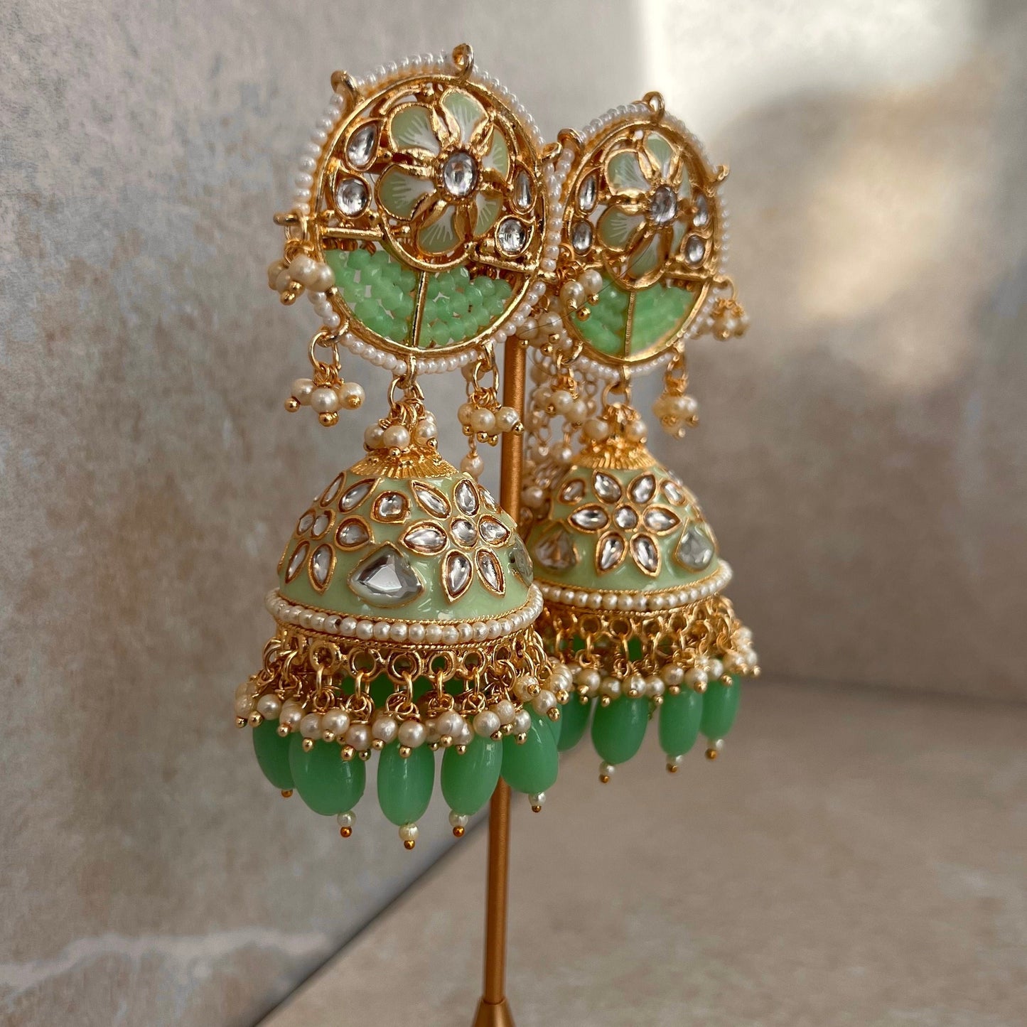 Mint/ Mint Green Jhumka Earring/ Meenakari/ Indian/ Pakistani Style/ Hand Painted/ Gift for women/Faux Kundan