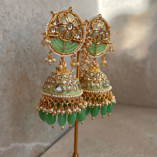 Mint/ Mint Green Jhumka Earring/ Meenakari/ Indian/ Pakistani Style/ Hand Painted/ Gift for women/Faux Kundan