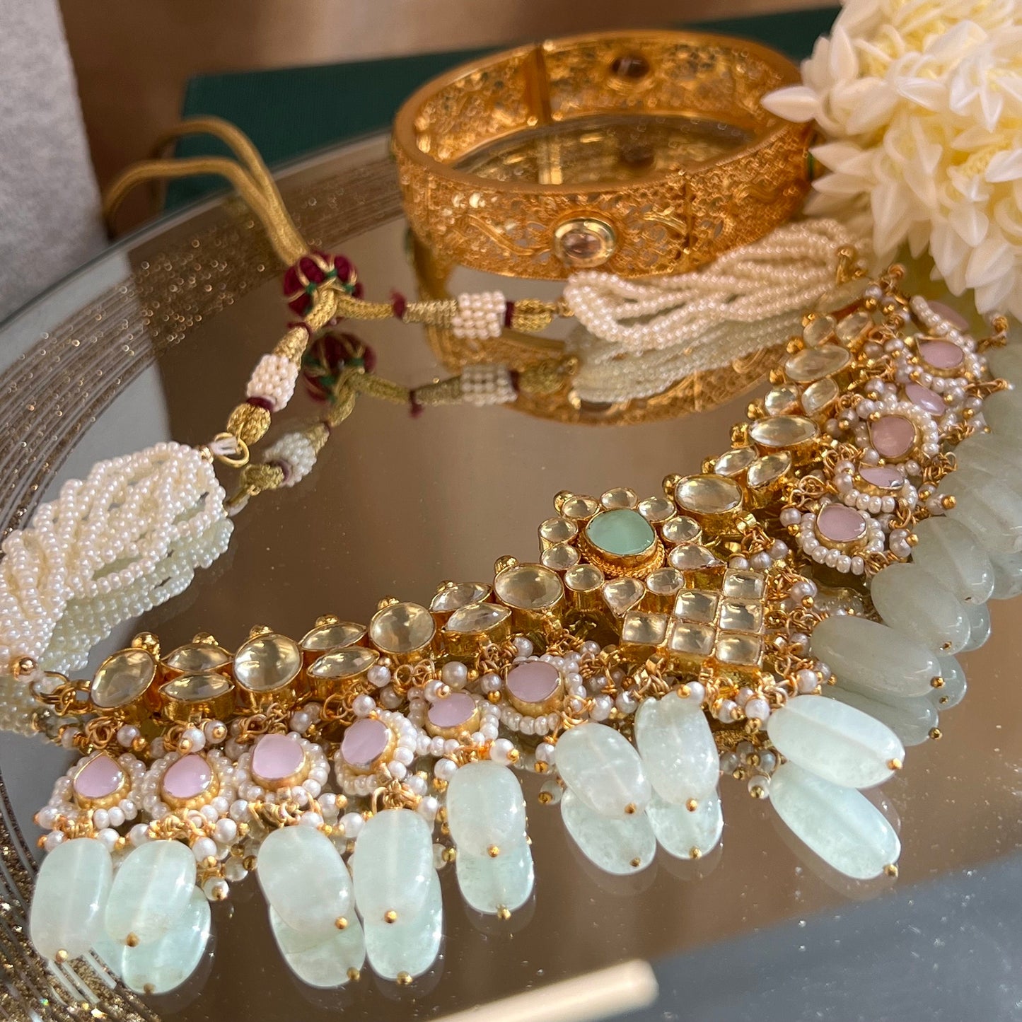 Pink/ Mint Faux Kundan Bright Gold Necklace Only/ Unique Style/ Indian/ Pakistani/Fashion Jewellery/ Gift for Women