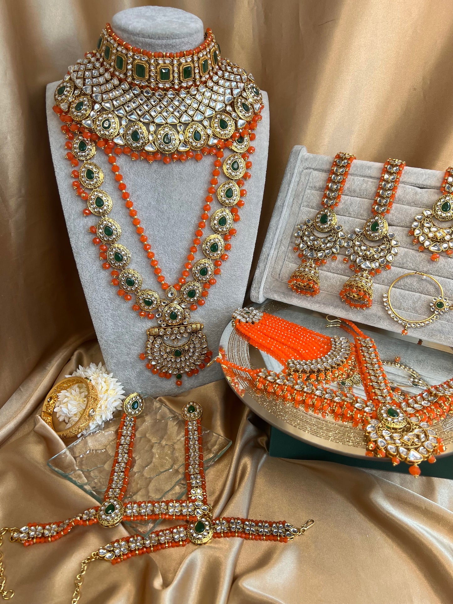 Faux Kundan Mendhi Colour Bridal Set/ Full Bridal Set/ Indian/ Pakistani Style/Necklace/ Choker/ Earring/ Tikka/ Mathapatti/Mala/Jhumar
