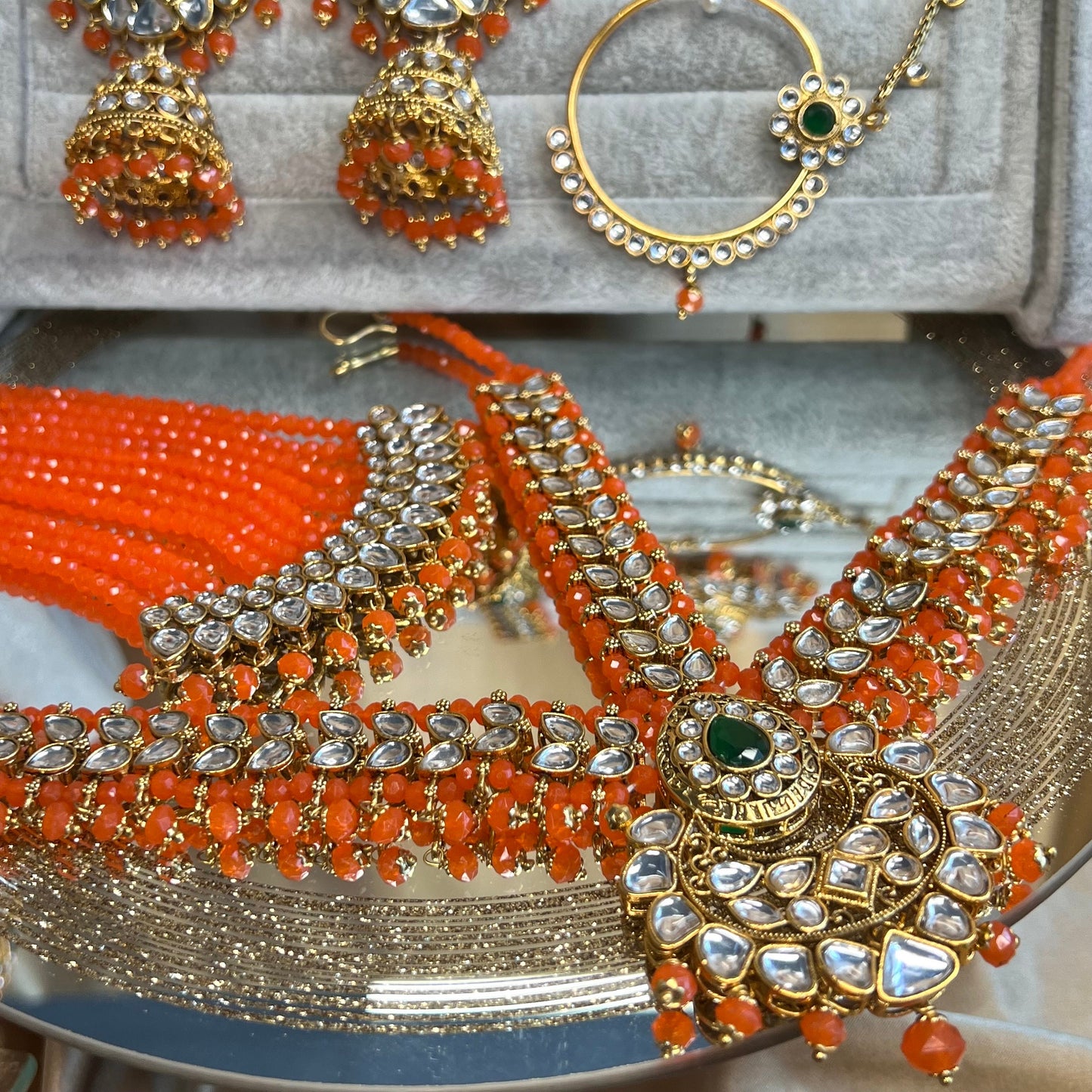 Faux Kundan Mendhi Colour Bridal Set/ Full Bridal Set/ Indian/ Pakistani Style/Necklace/ Choker/ Earring/ Tikka/ Mathapatti/Mala/Jhumar