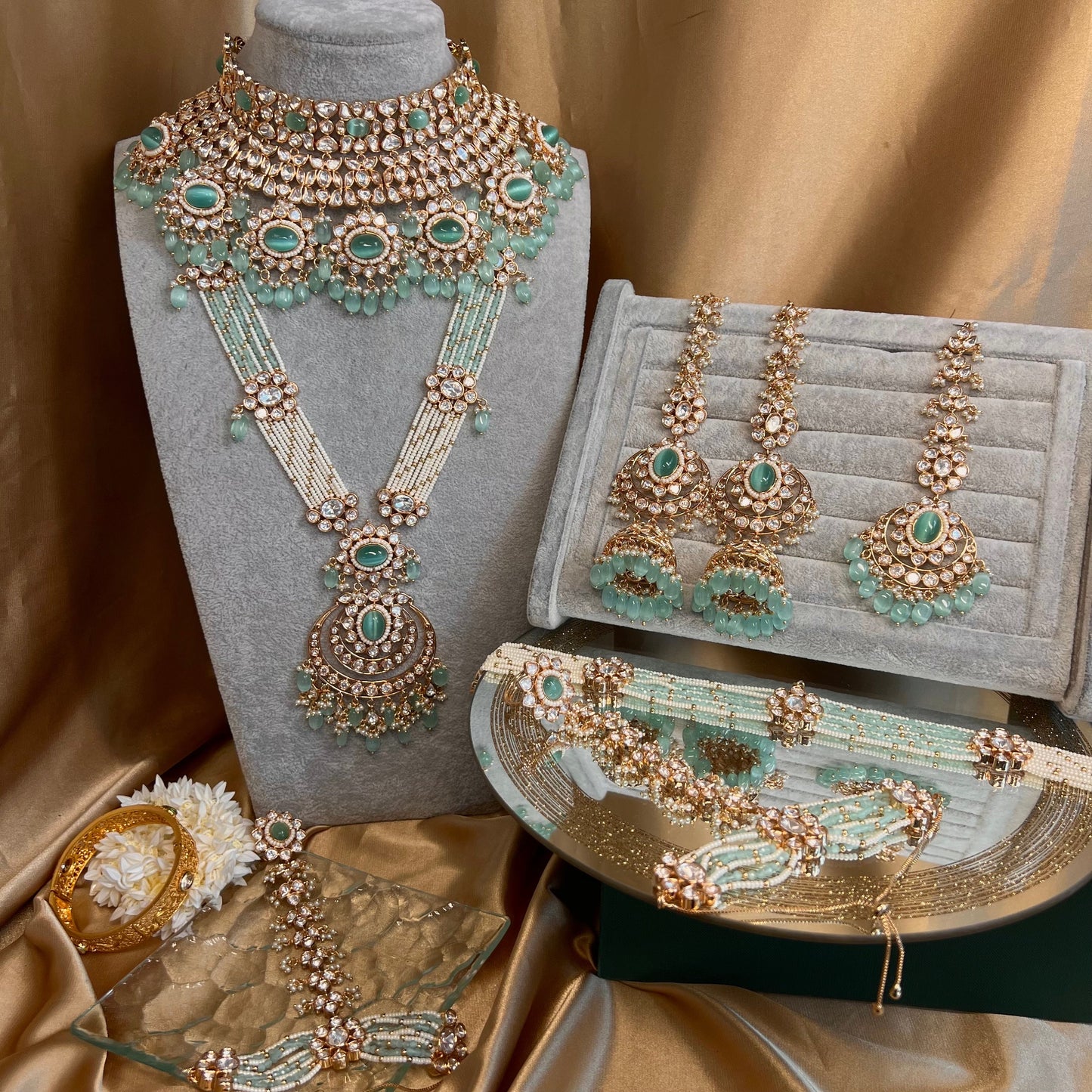 Real Kundan Gold Plated Mint Full Choker Set/ Indian/ Pakistani Style/Necklace/ Choker/ Earring/ Tikka/ Mathapatti/Mala/Jhumar