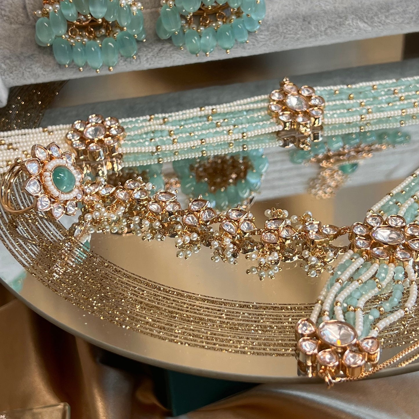 Real Kundan Gold Plated Mint Full Choker Set/ Indian/ Pakistani Style/Necklace/ Choker/ Earring/ Tikka/ Mathapatti/Mala/Jhumar