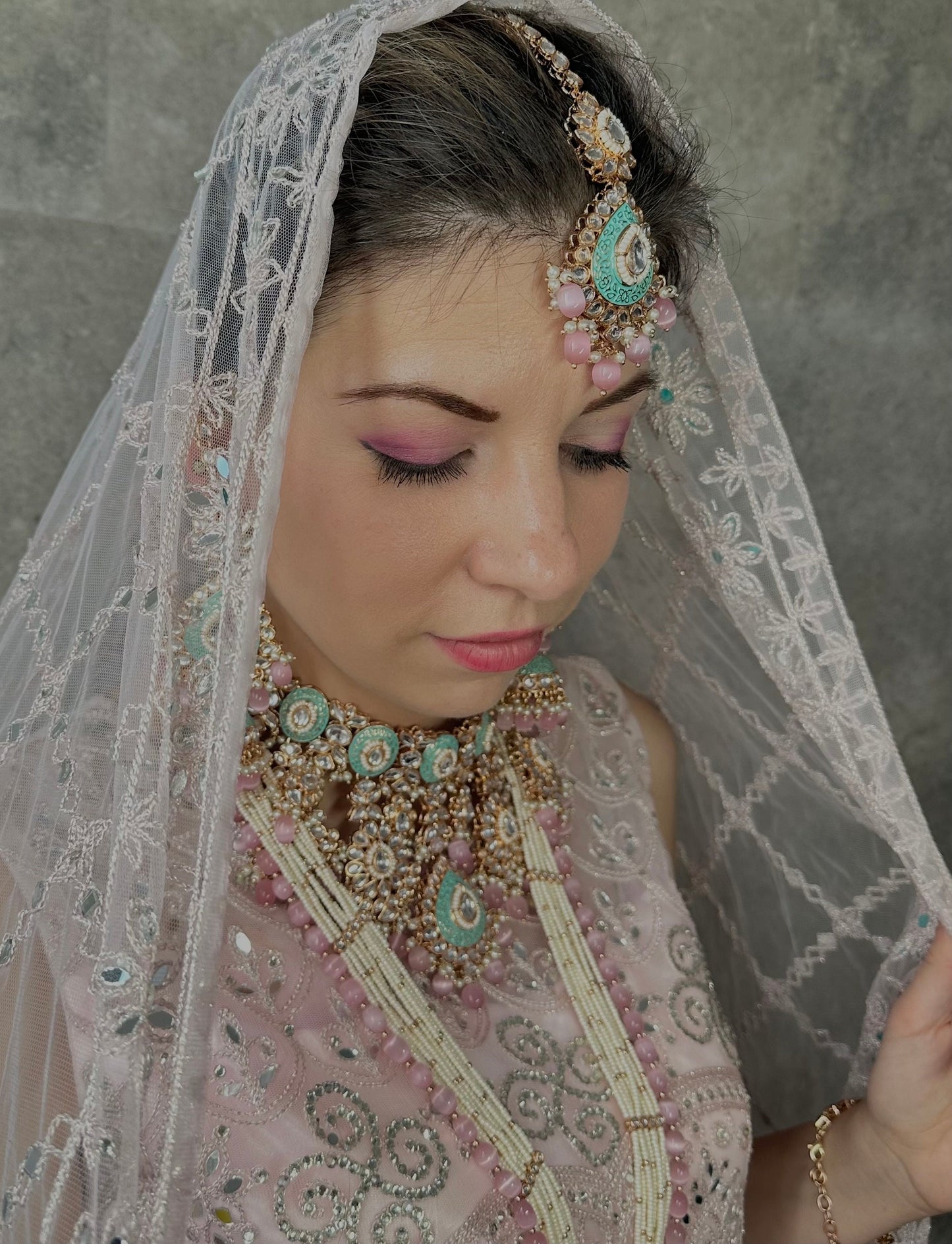 Faux Kundan Pastel Full Bridal Set/ Indian/ Pakistani Style/Necklace/ Choker/ Earring/ Tikka/ Mathapatti/Mala/Jhumar