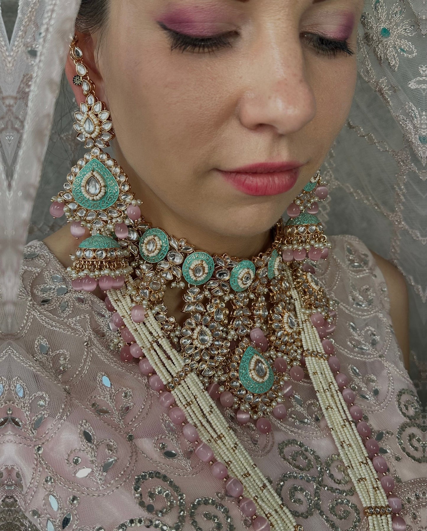 Faux Kundan Pastel Full Bridal Set/ Indian/ Pakistani Style/Necklace/ Choker/ Earring/ Tikka/ Mathapatti/Mala/Jhumar