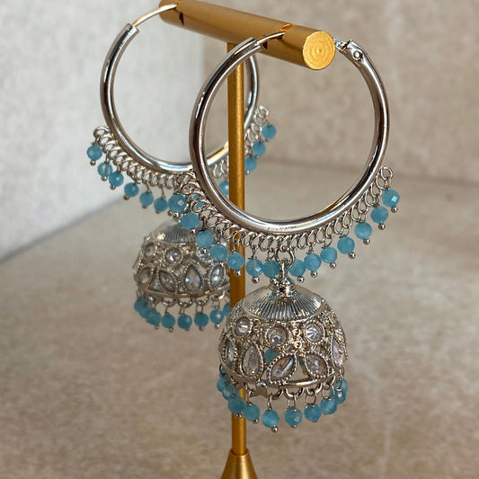Blue Silver Crystal Jhumka Indian Hoop Earring/Indian Earrings/Pakistani Fashion/Indian Jewellery/Silver Jewellery/Gifts for Women
