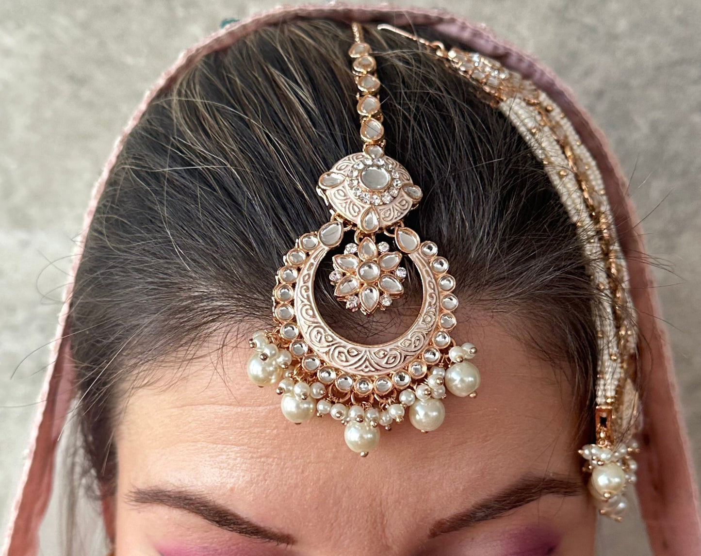 Rose Gold/Peach Full Faux Kundan Style Bridal Set/Indian/Pakistani Style/ Choker/ Earring/ Tikka/ Jhumar Passa/ Mathapatti/ Hand Harness.