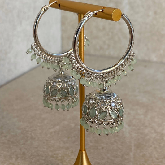 Mint Silver Crystal Jhumka Indian Hoop Earring/Indian Earrings/Pakistani Fashion/Indian Jewellery/Silver Jewellery/Gifts for Women