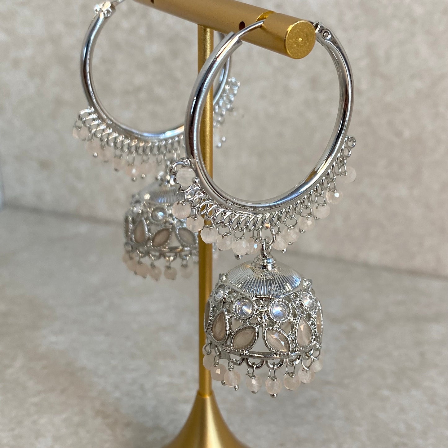 Pale Peach Silver Crystal Jhumka Indian Hoop Earring/Indian Earrings/Pakistani Fashion/Indian Jewellery/Silver Jewellery/Gifts for Women