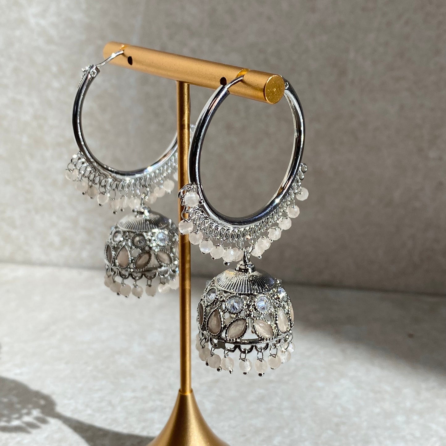 Pale Peach Silver Crystal Jhumka Indian Hoop Earring/Indian Earrings/Pakistani Fashion/Indian Jewellery/Silver Jewellery/Gifts for Women