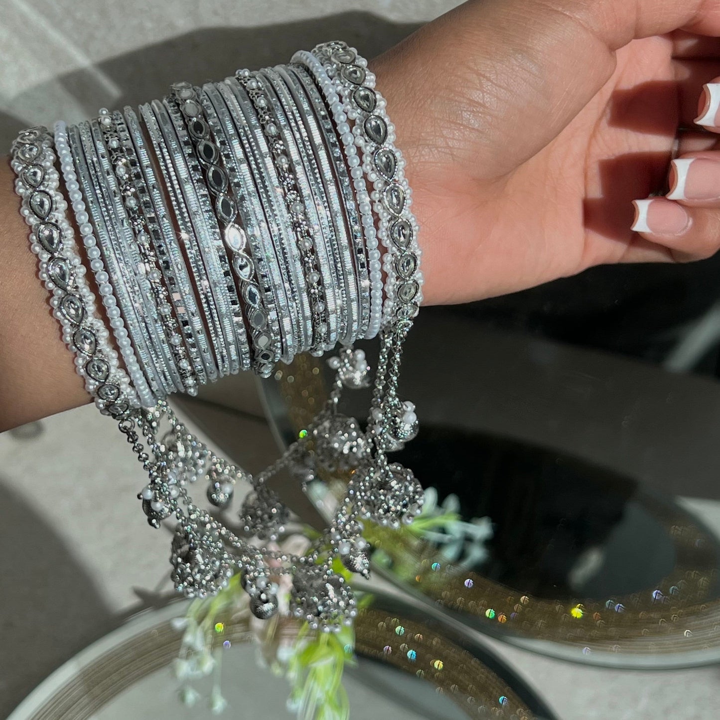 Silver Bridal Connected Bangle Set - One Arm /Indian Bangle Collection/Silver Bangle Sets/Bridal Sets/Pakistani/Jewelley/Fashion Bracelet