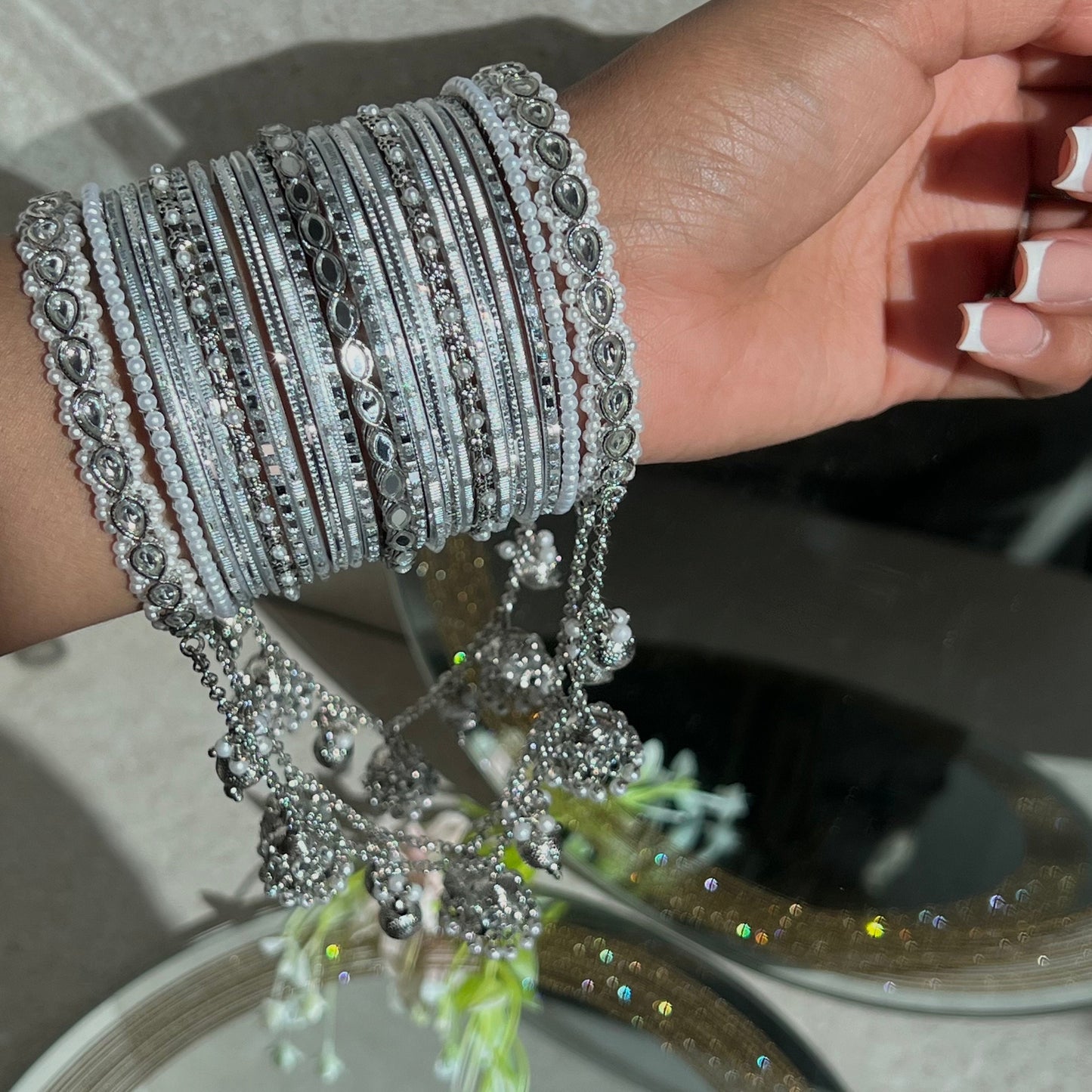 Silver Bridal Connected Bangle Set - One Arm /Indian Bangle Collection/Silver Bangle Sets/Bridal Sets/Pakistani/Jewelley/Fashion Bracelet