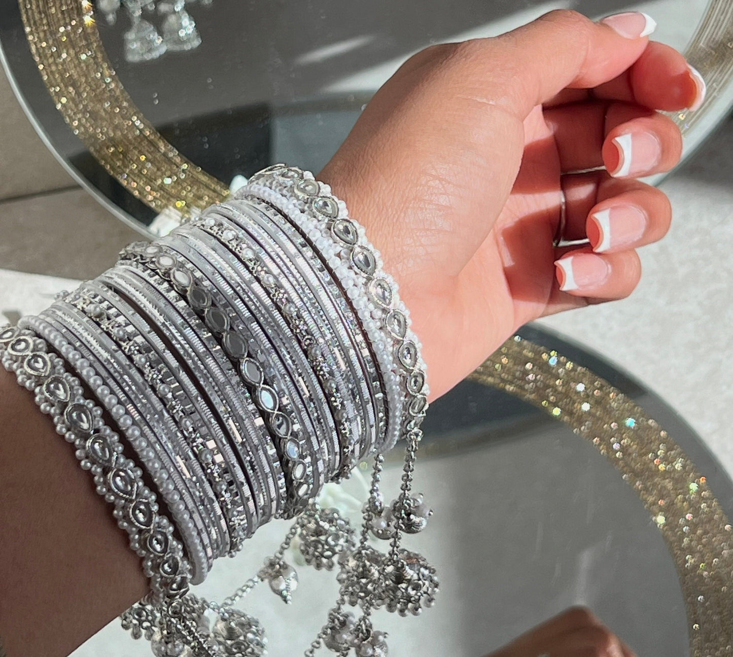 Silver Bridal Connected Bangle Set - One Arm /Indian Bangle Collection/Silver Bangle Sets/Bridal Sets/Pakistani/Jewelley/Fashion Bracelet