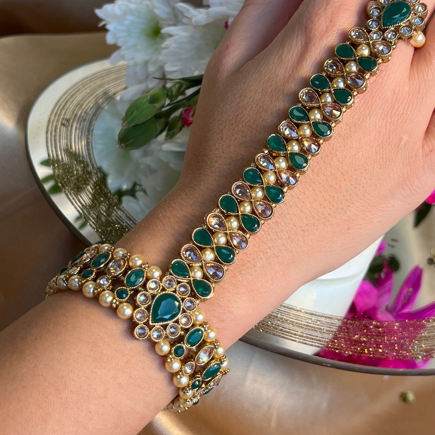 Green Pearl Hand Harness/ Fashion Jewellery/ Gift for Women/Indian/Pakistani style /Haathphool/Hand Accessory