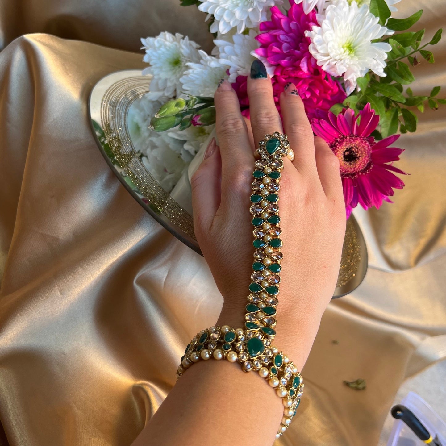 Green Pearl Hand Harness/ Fashion Jewellery/ Gift for Women/Indian/Pakistani style /Haathphool/Hand Accessory