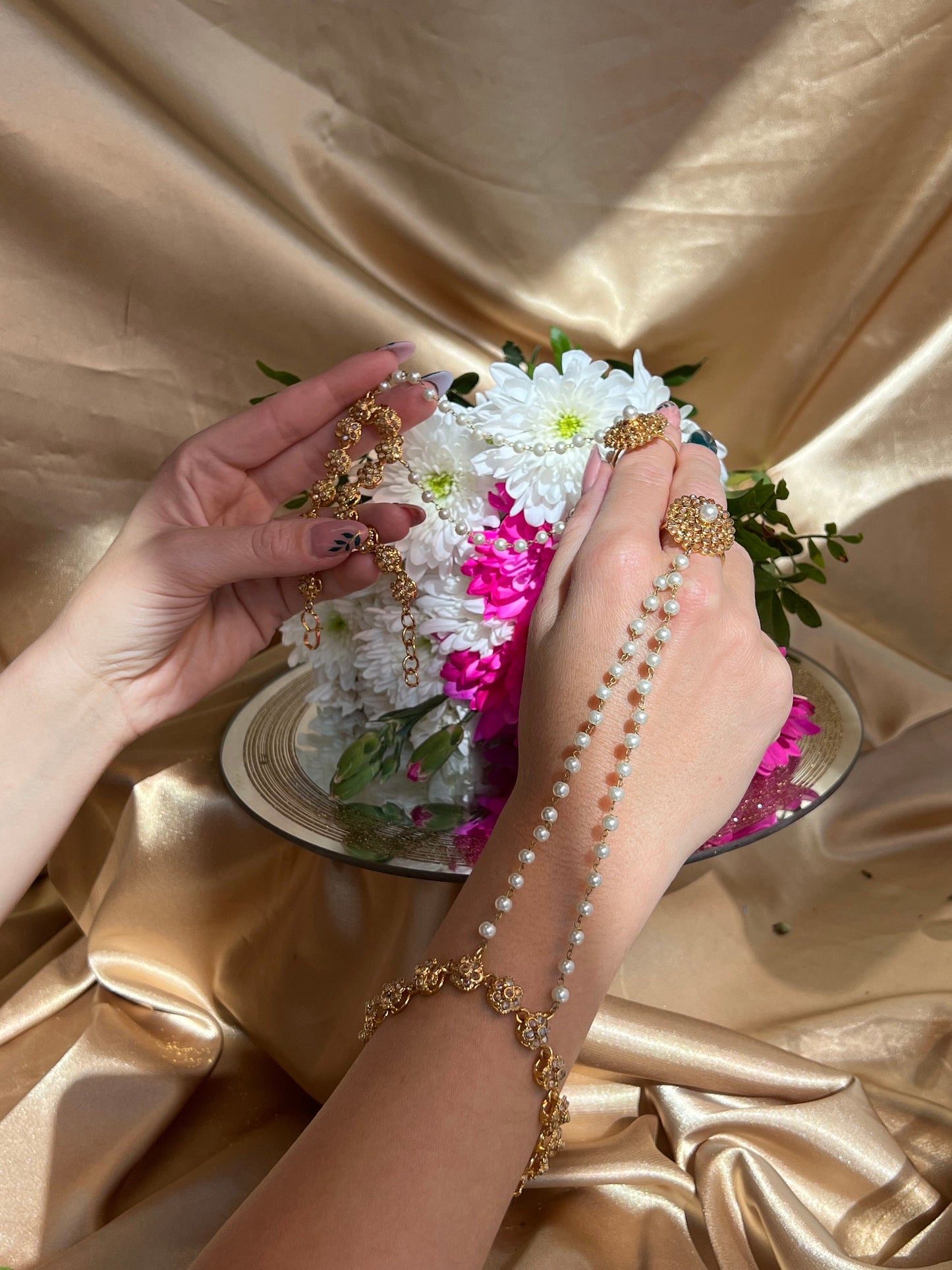 Golden Pearl Hand Harness/ Fashion Jewellery/ Gift for Women/Indian/Pakistani style /Haathphool/Hand Accessory