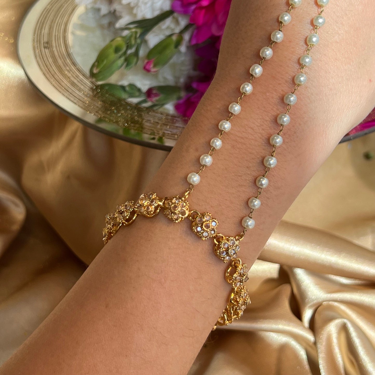 Golden Pearl Hand Harness/ Fashion Jewellery/ Gift for Women/Indian/Pakistani style /Haathphool/Hand Accessory