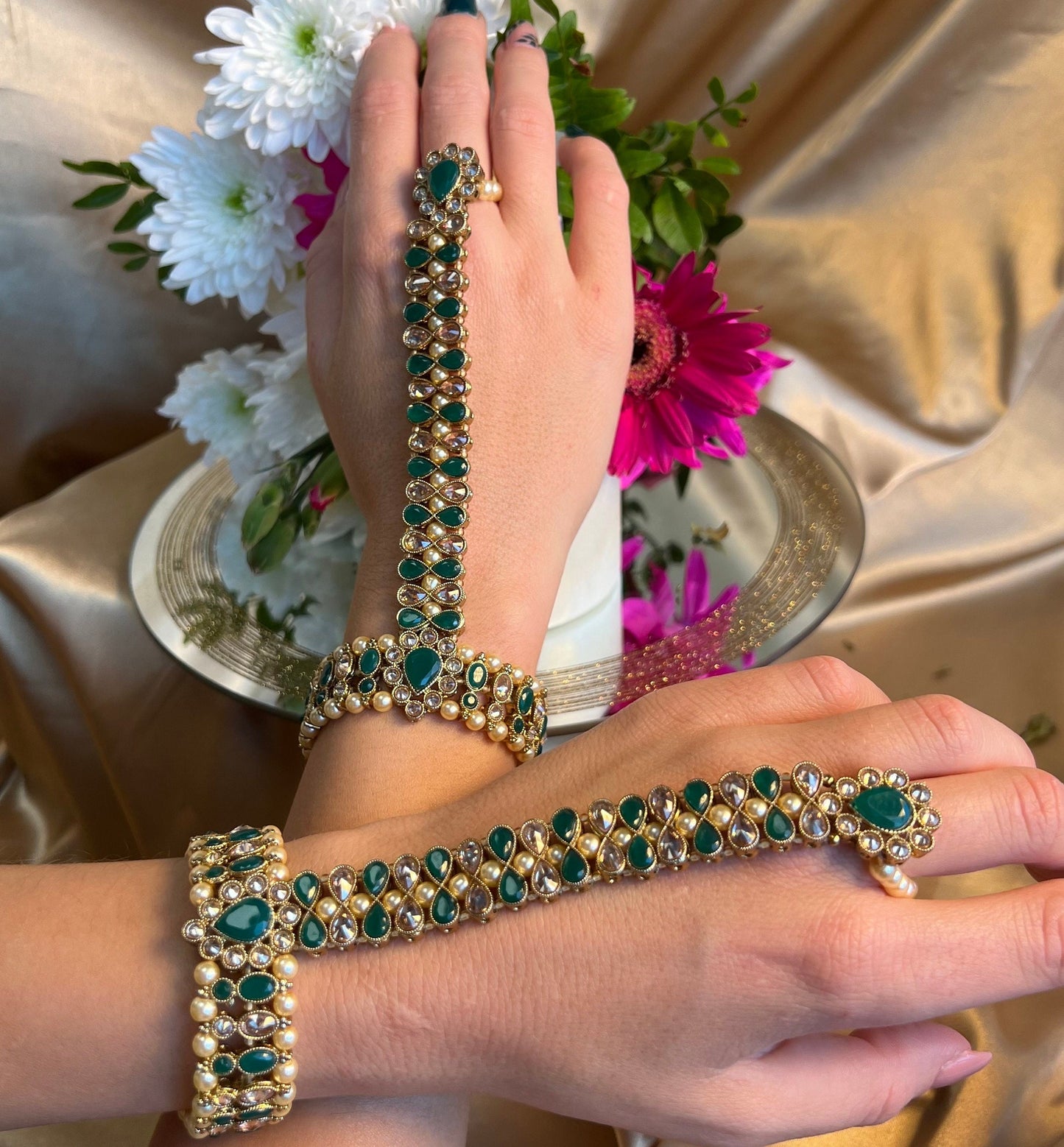 Green Pearl Hand Harness/ Fashion Jewellery/ Gift for Women/Indian/Pakistani style /Haathphool/Hand Accessory