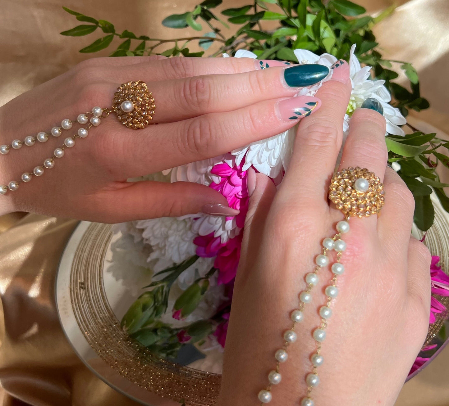 Golden Pearl Hand Harness/ Fashion Jewellery/ Gift for Women/Indian/Pakistani style /Haathphool/Hand Accessory