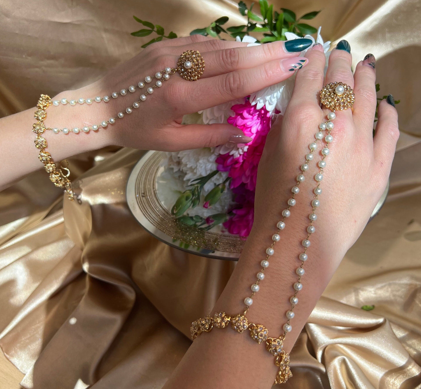 Golden Pearl Hand Harness/ Fashion Jewellery/ Gift for Women/Indian/Pakistani style /Haathphool/Hand Accessory