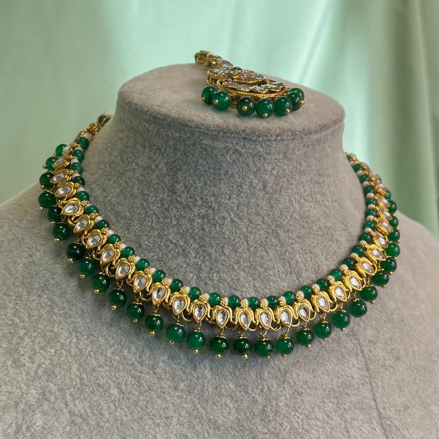 Faux Kundan Green Necklace Set/Green Necklace Set/Pakistani Fashion Jewellery