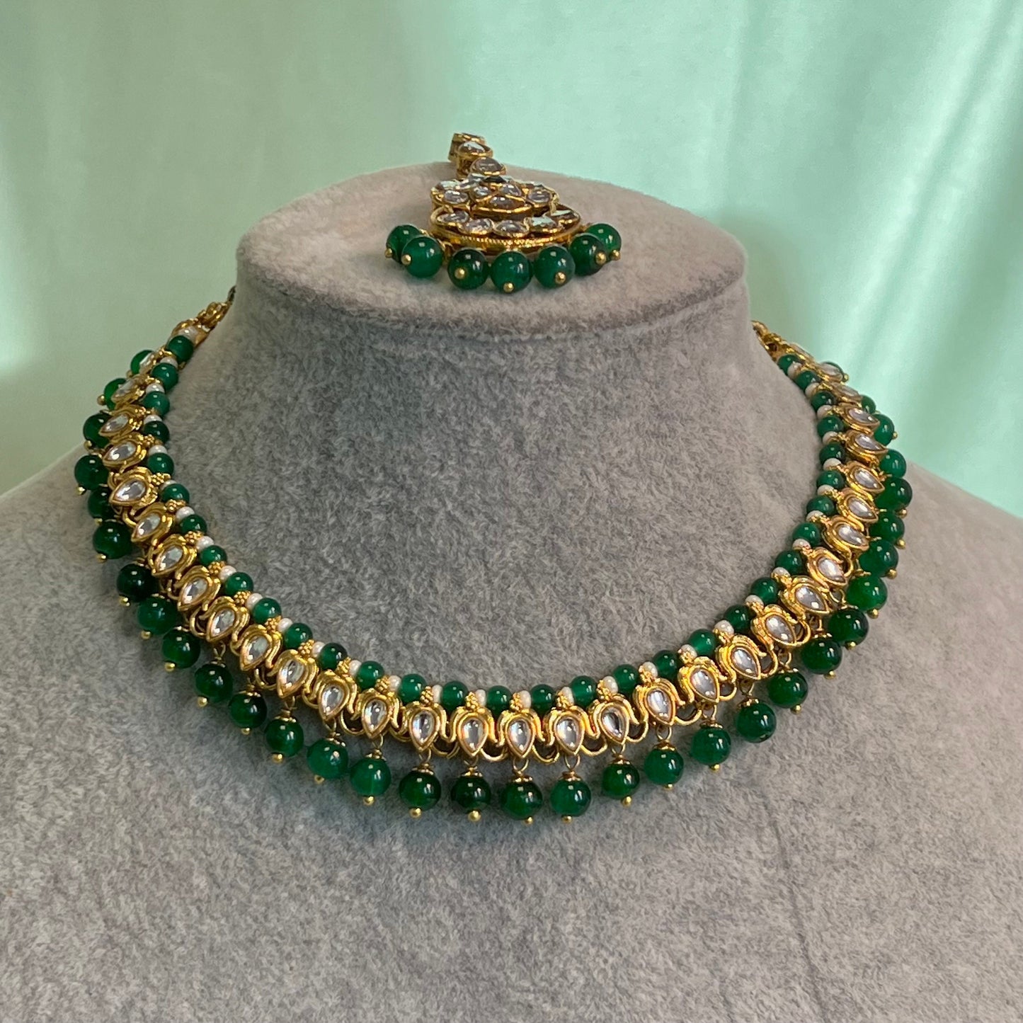 Faux Kundan Green Necklace Set/Green Necklace Set/Pakistani Fashion Jewellery