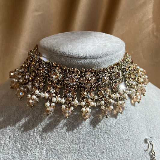 Clear & Gold Choker Set /Indian/ Pakistani/Fashion Jewellery