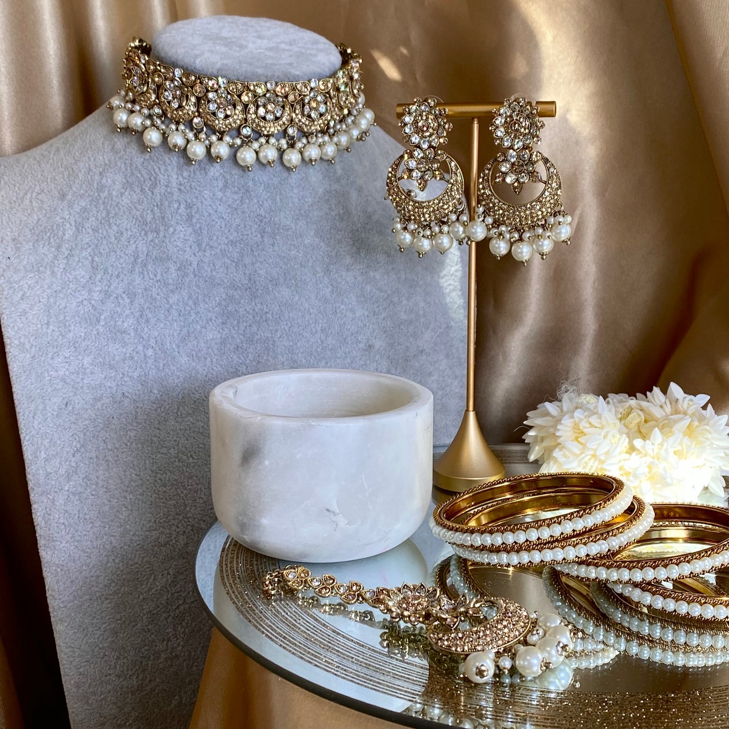 Golden/ Clear Choker Set/ Pearl/ Earring/Tikka/Indian/ Pakistani/Fashion Jewellery/