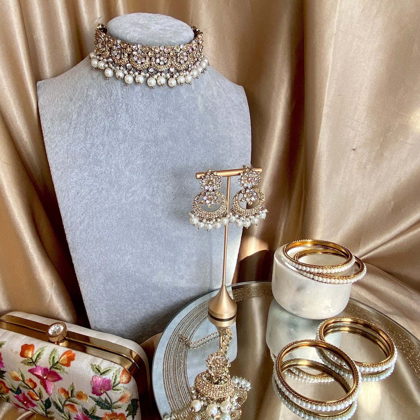 Golden/ Clear Choker Set/ Pearl/ Earring/Tikka/Indian/ Pakistani/Fashion Jewellery/