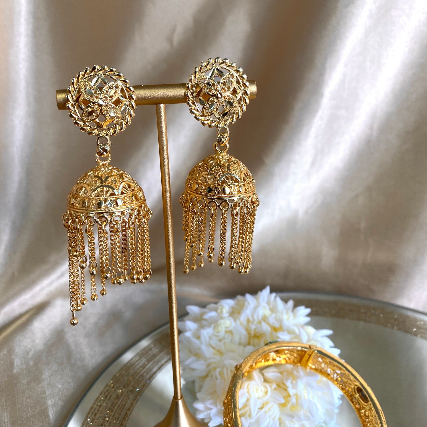 Bright Gold Tassel Jhumka Earrings/ Pierced Jhumki Earring/Indian/ Pakistani Style