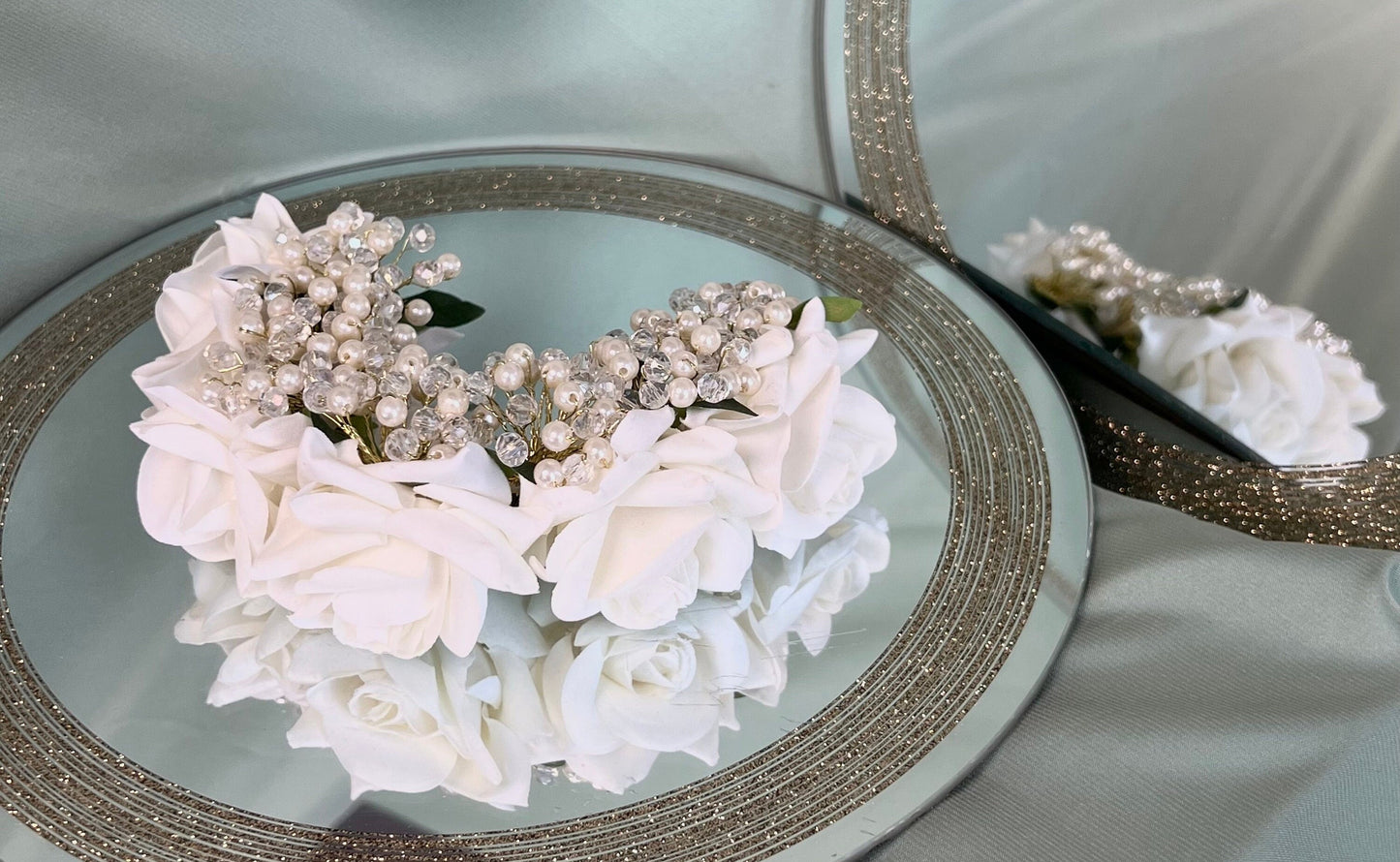 Ladies Floral Bun Gajra Artificial Flower Accessory - White/Crystals/Accessories/Hair Accessory for Women/Gajra