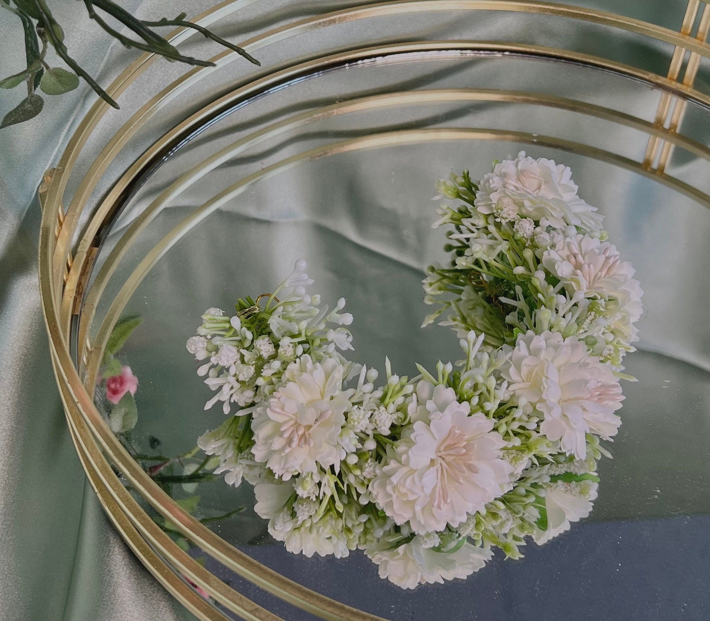 Ladies White & Crystal Floral Bun Gajra Artificial Flower Accessory - White Pearl Floral Hair Accessories/Hair Accessory for Women/Gajra