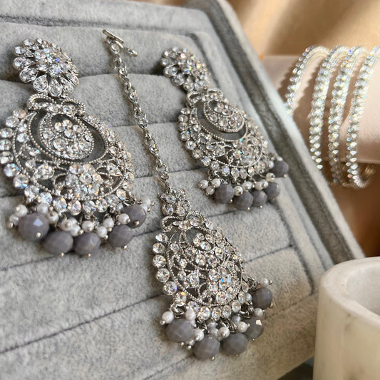 Grey/ Silver Earring and Tikka/ Tikli/ Indian/ Pakistani Fashion Jewellery