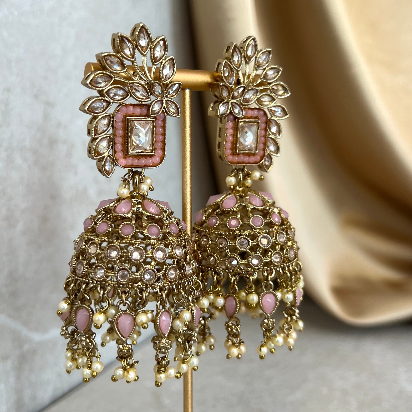 Pink Large Vine Leaf Jhumka Earrings - Indian Style Earring/Pakistani Fashion / Mendhi/Party/Haldi/ Diwali Gift/ Eid Gift