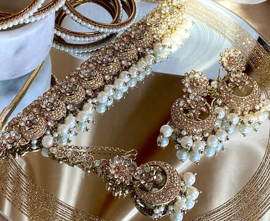 Golden/ Clear Choker Set/ Pearl/ Earring/Tikka/Indian/ Pakistani/Fashion Jewellery/