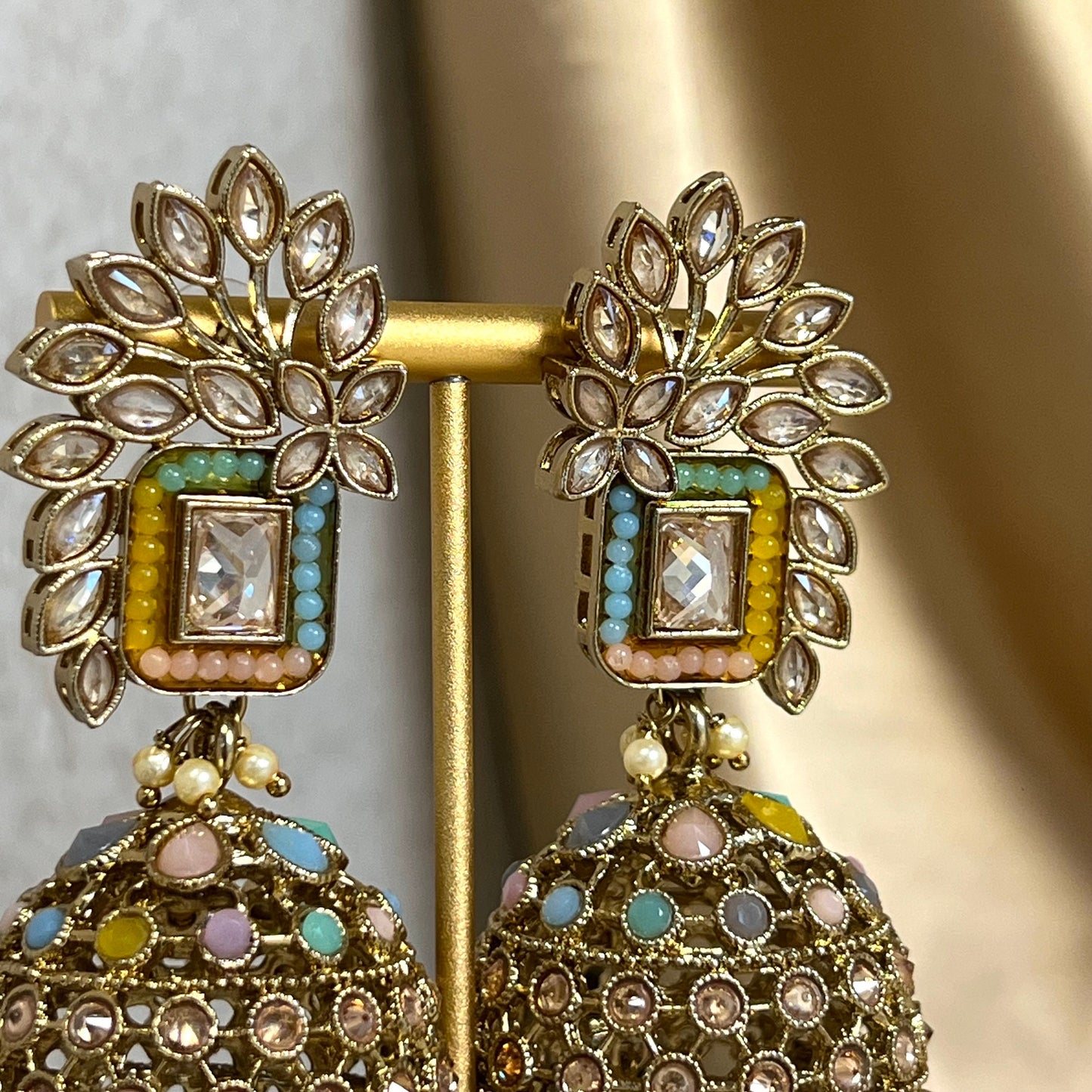 Multicolour Pastel Large Vine Leaf Jhumka Earrings - Indian Style Earring/Pakistani fashion/ Mendhi/Party/Haldi/ Diwali Gift/ Eid Gift