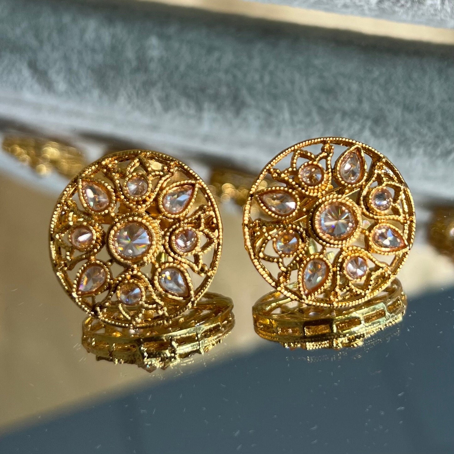 Pair of Bright Gold with crystals - Indian Asian Stud Earrings Tops