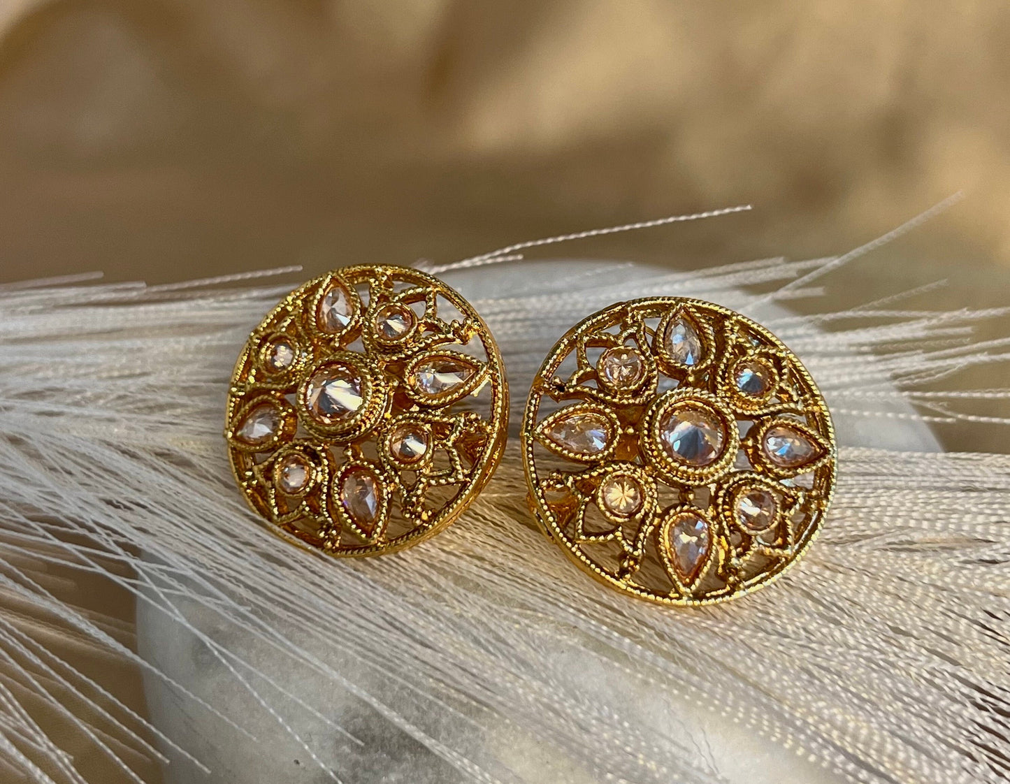 Pair of Bright Gold with crystals - Indian Asian Stud Earrings Tops
