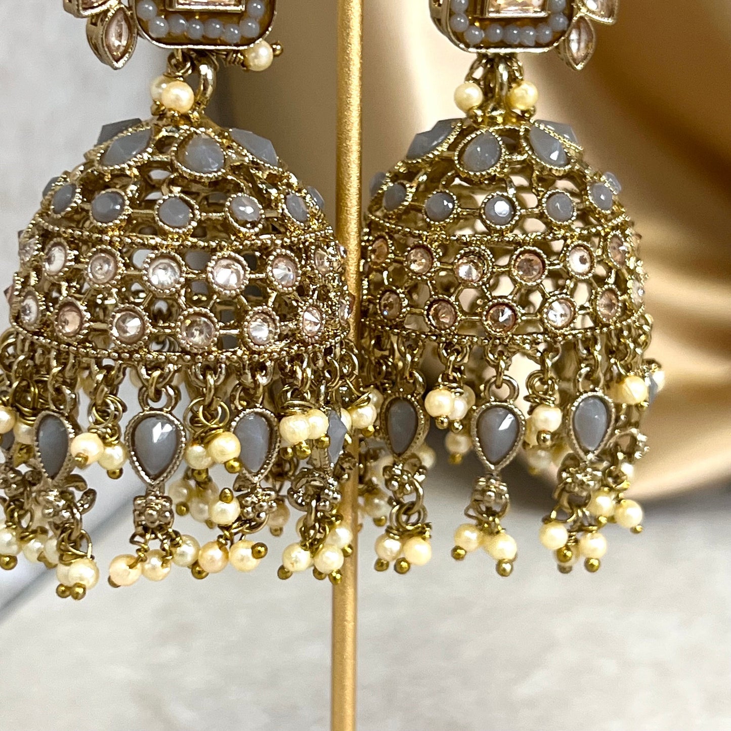 Grey Large Vine Leaf Jhumka Earrings - Indian Style Earring/Pakistani fashion/ Mendhi/Party/Haldi/ Diwali Gift/ Eid Gift