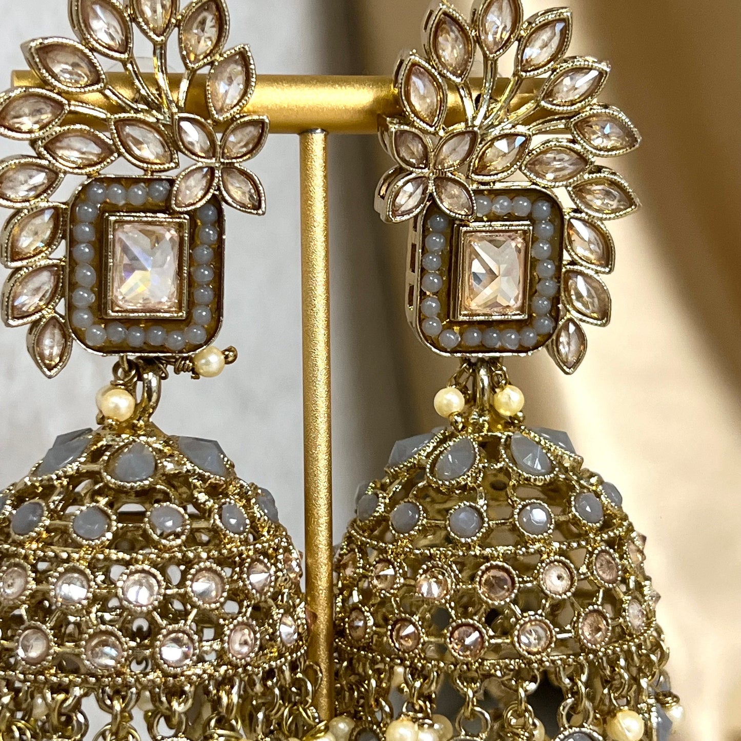 Grey Large Vine Leaf Jhumka Earrings - Indian Style Earring/Pakistani fashion/ Mendhi/Party/Haldi/ Diwali Gift/ Eid Gift