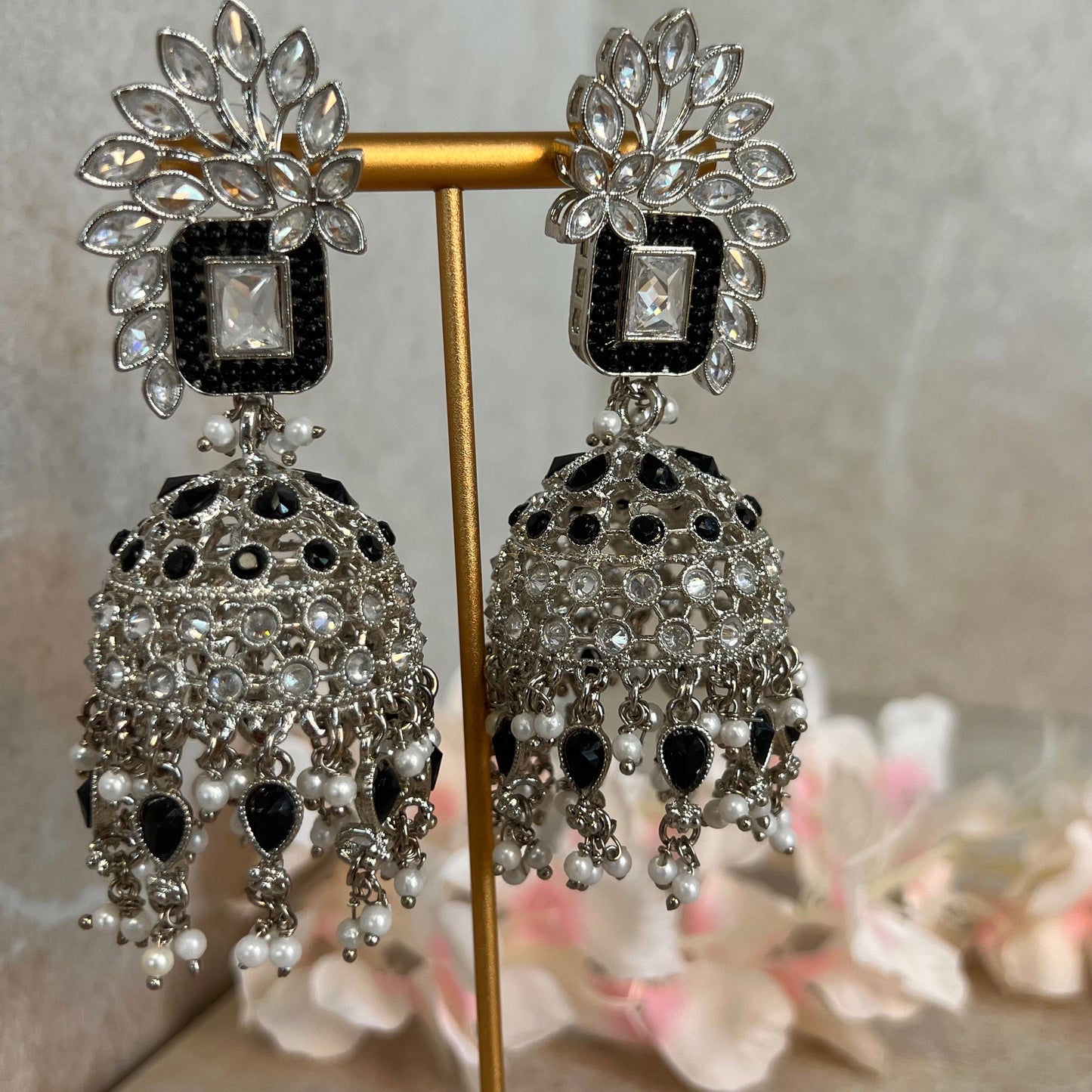 Black/ Zircon Crystal Large Vine Leaf Jhumka Earrings - Indian Style Earring/Pakistani Fashion/ Mendhi/Party/Haldi/ Diwali Gift/ Eid Gift