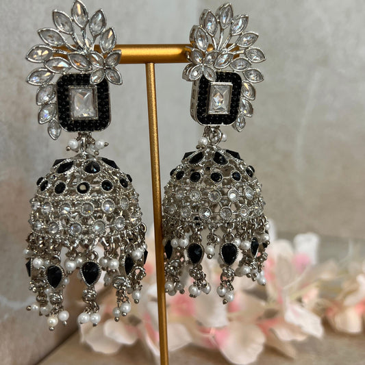 Black/ Zircon Crystal Large Vine Leaf Jhumka Earrings - Indian Style Earring/Pakistani Fashion/ Mendhi/Party/Haldi/ Diwali Gift/ Eid Gift